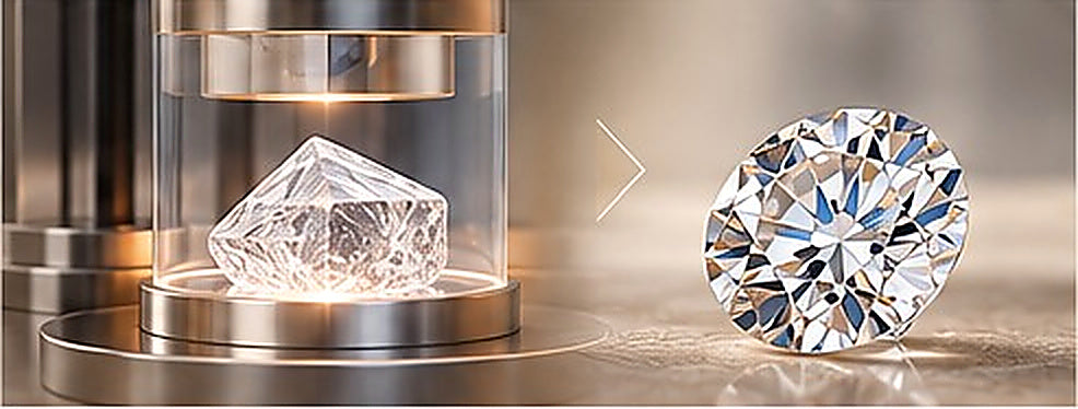 Lab-grown diamond creation chamber with diamond crystal, high-resolution educational image
