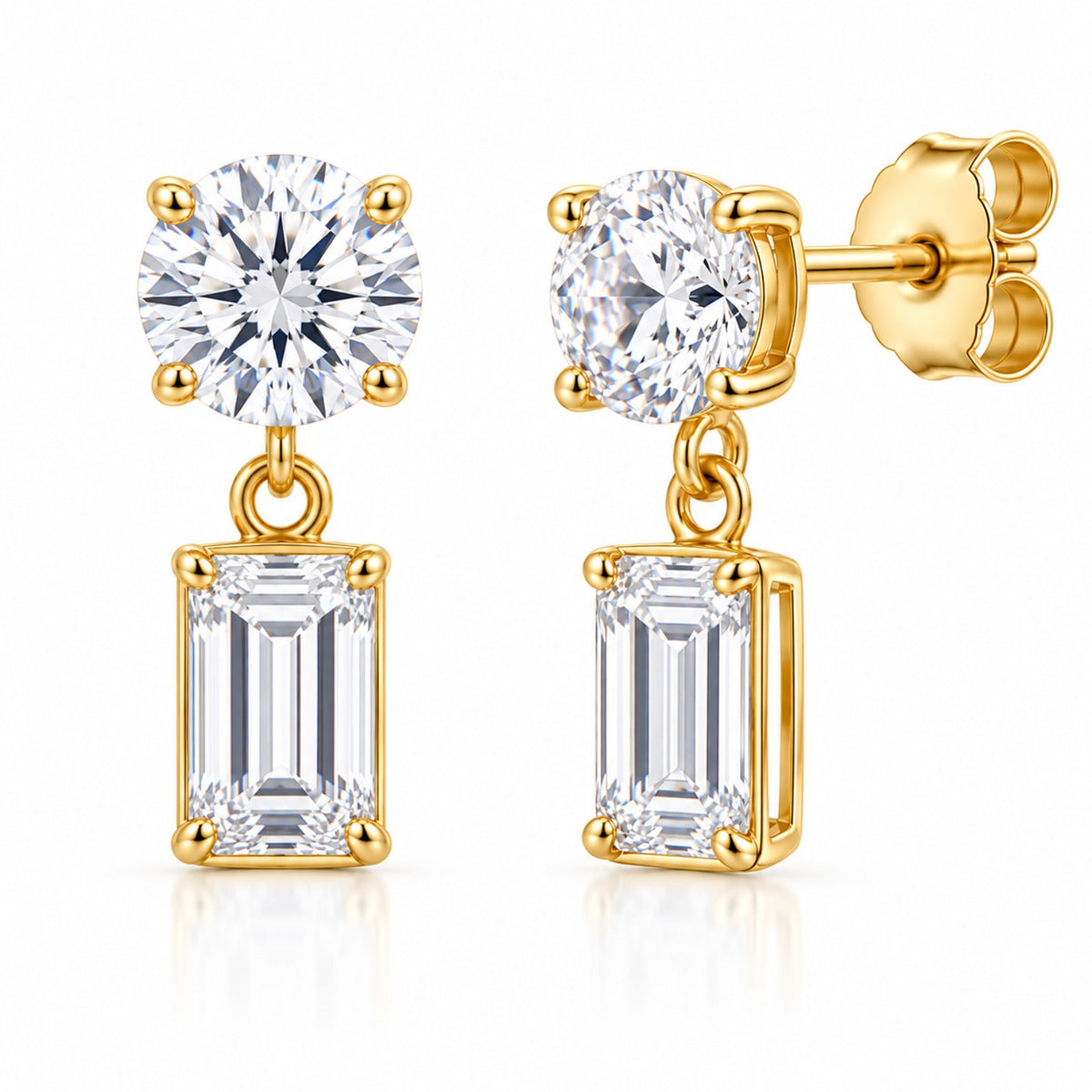 14K gold IGI certified lab grown diamond drop stud earrings with round brilliant stud diamonds and emerald-cut diamond drops