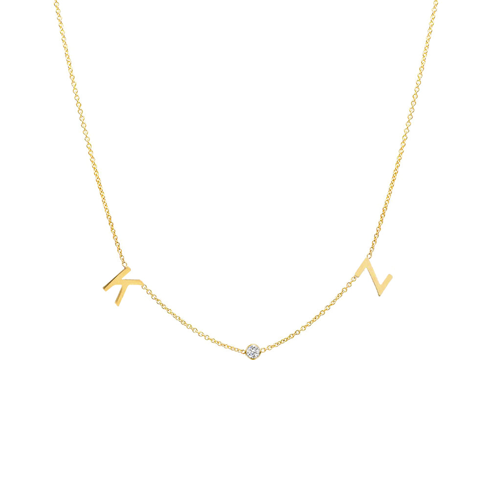 14K gold space letter and natural diamond bezel necklace