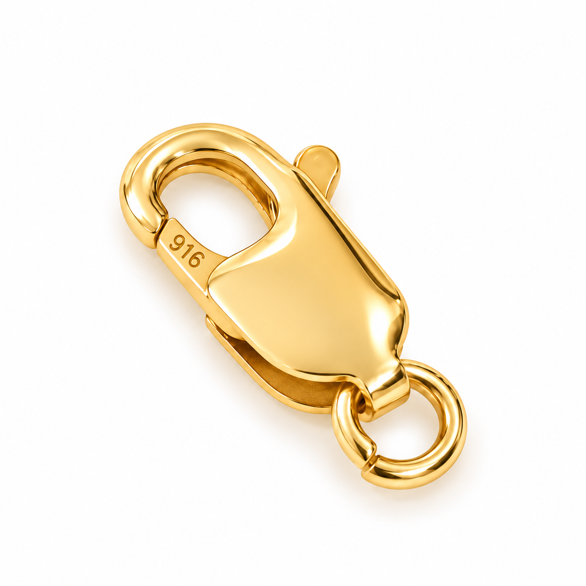 22K gold lobster clasp with open jump ring, stamped 916, on a white background