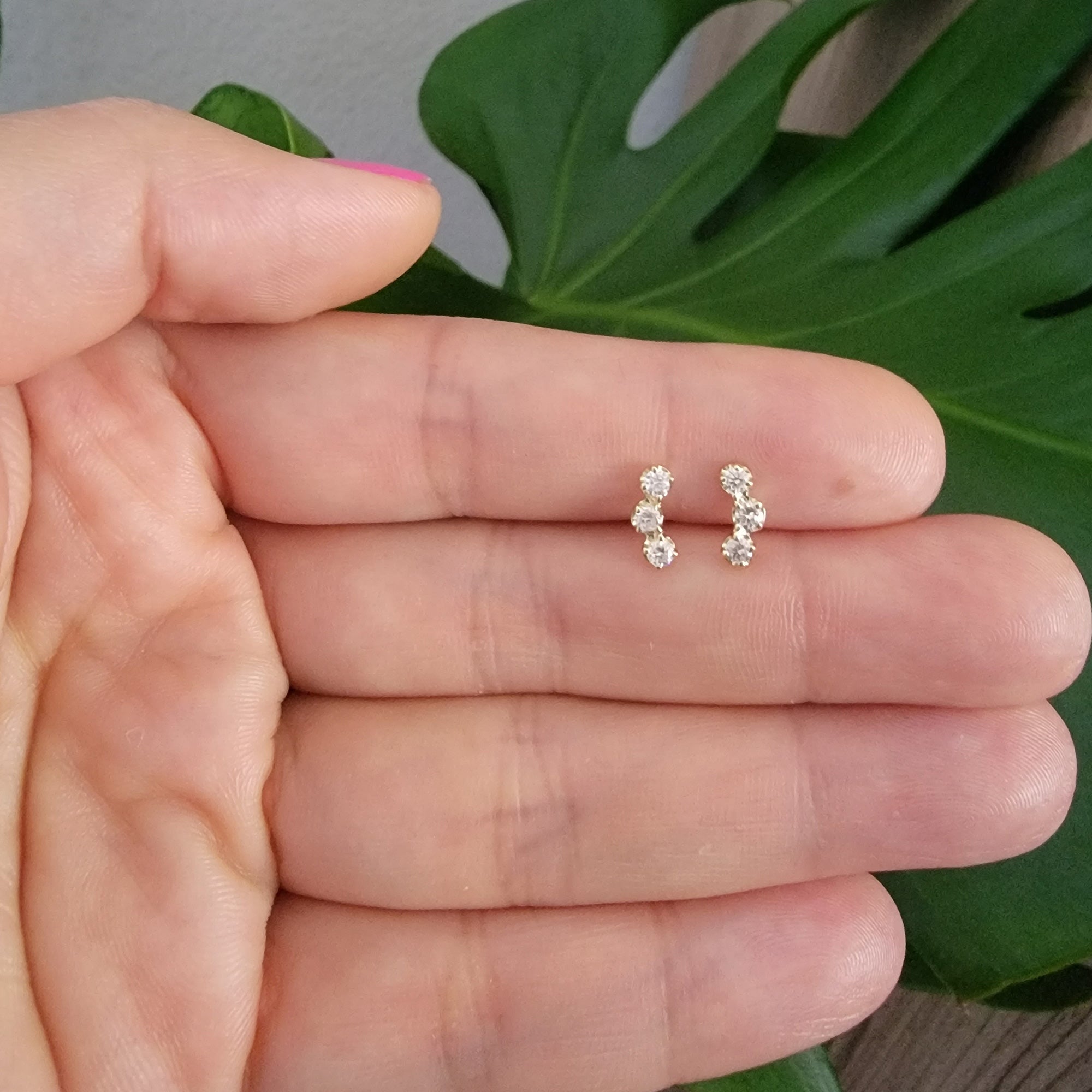 14K Gold 3-Stone Diamond Cluster Stud Earrings