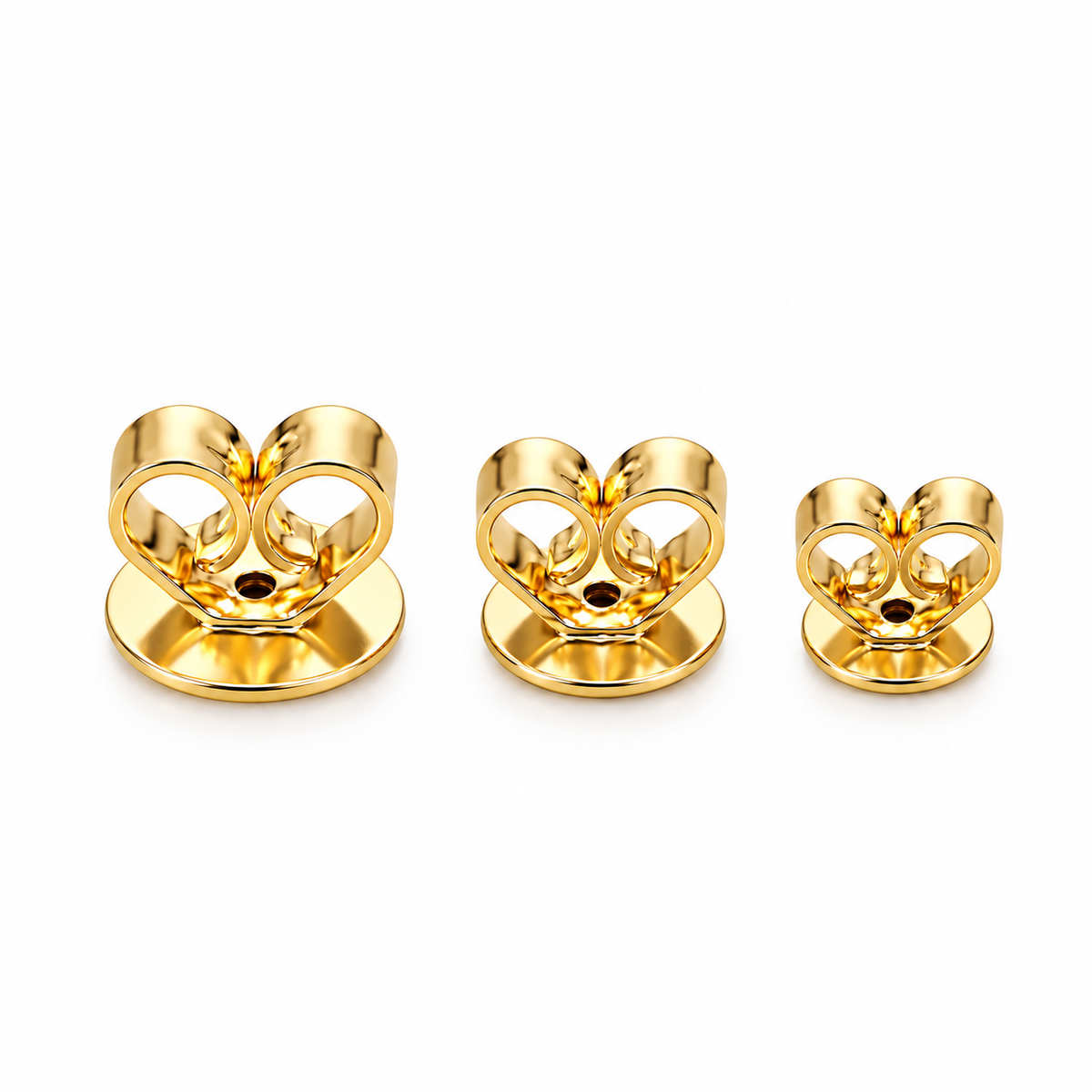 Polished yellow gold butterfly earring backs in three sizes, heart-shaped double-loop design with round base, on a pure white background.