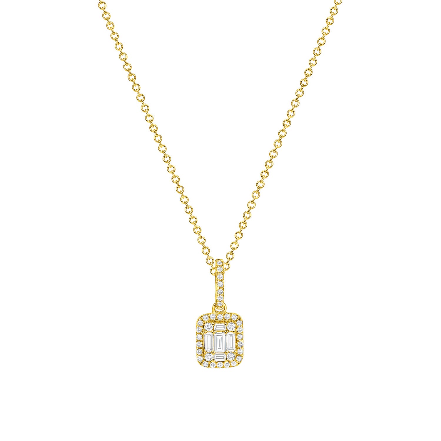 Baguette and Round Diamond Pendant Necklace 14K Gold