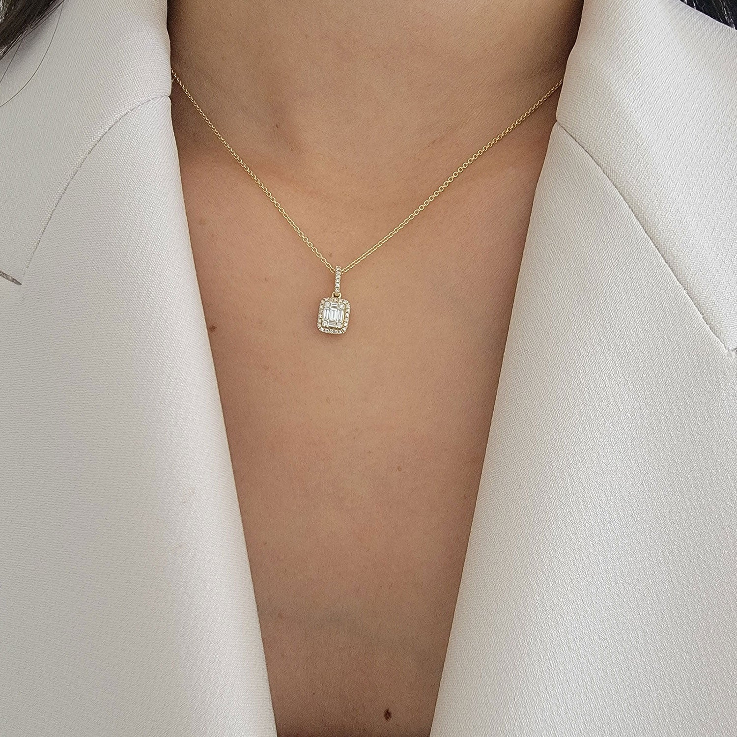 Baguette and Round Diamond Pendant Necklace 14K Gold