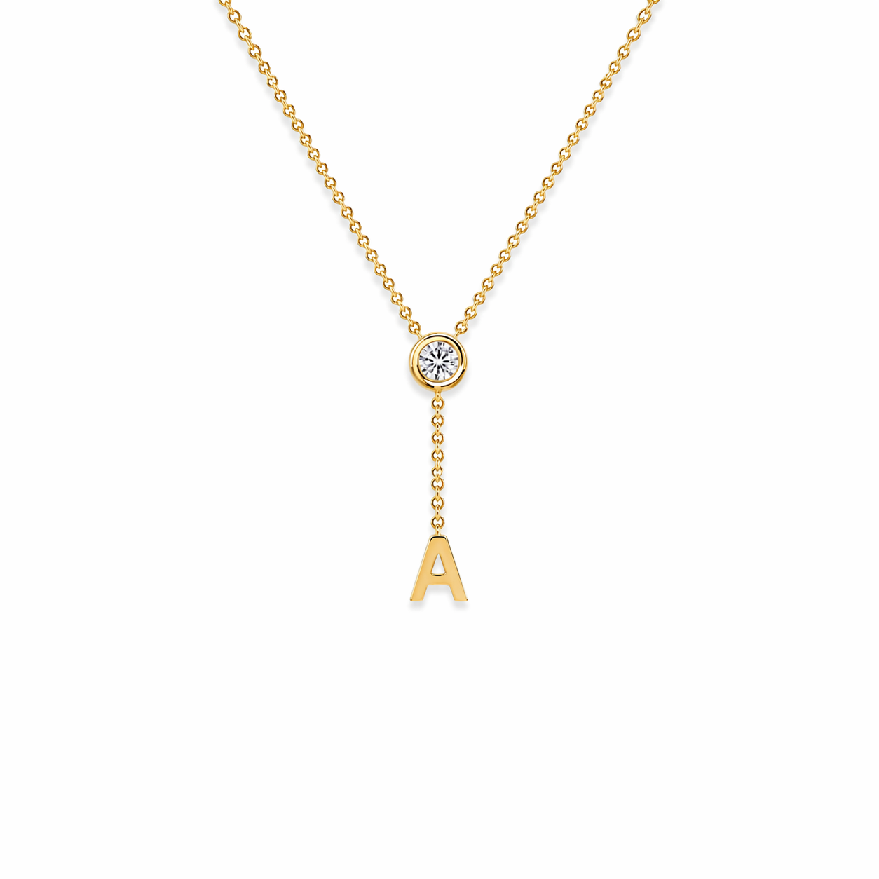 Diamond Bezel Lariat Initial Necklace 14K Gold