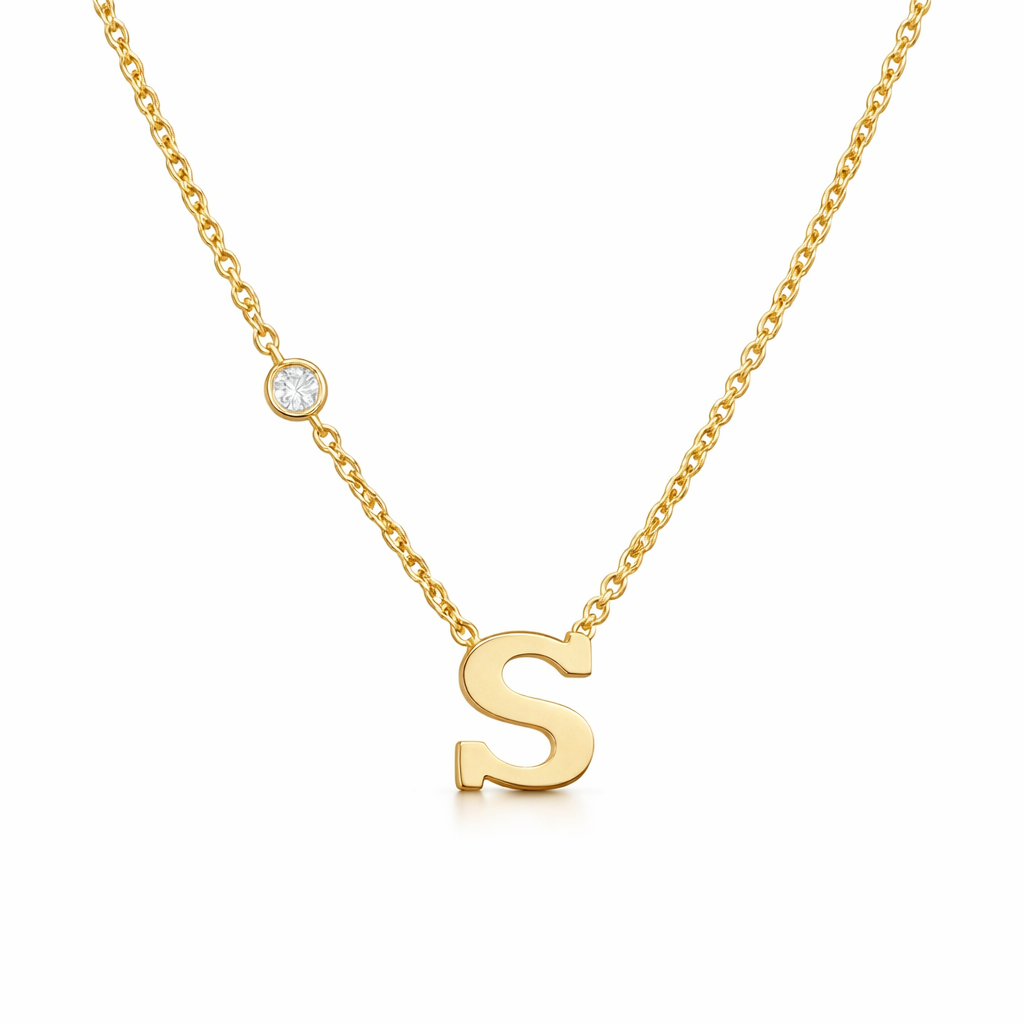 14k Gold Personalized Letter and Bezel Diamond Necklace