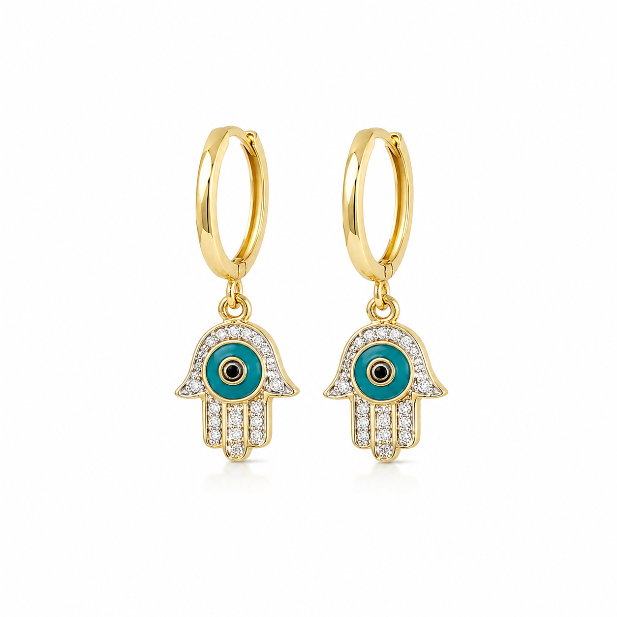 14K Gold Diamond Hamsa Evil Eye Hoop Earrings | Turquoise Huggie Dangle Earrings