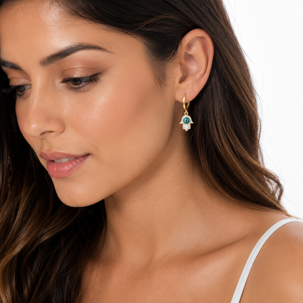 14K Gold Diamond Hamsa Evil Eye Hoop Earrings | Turquoise Huggie Dangle Earrings