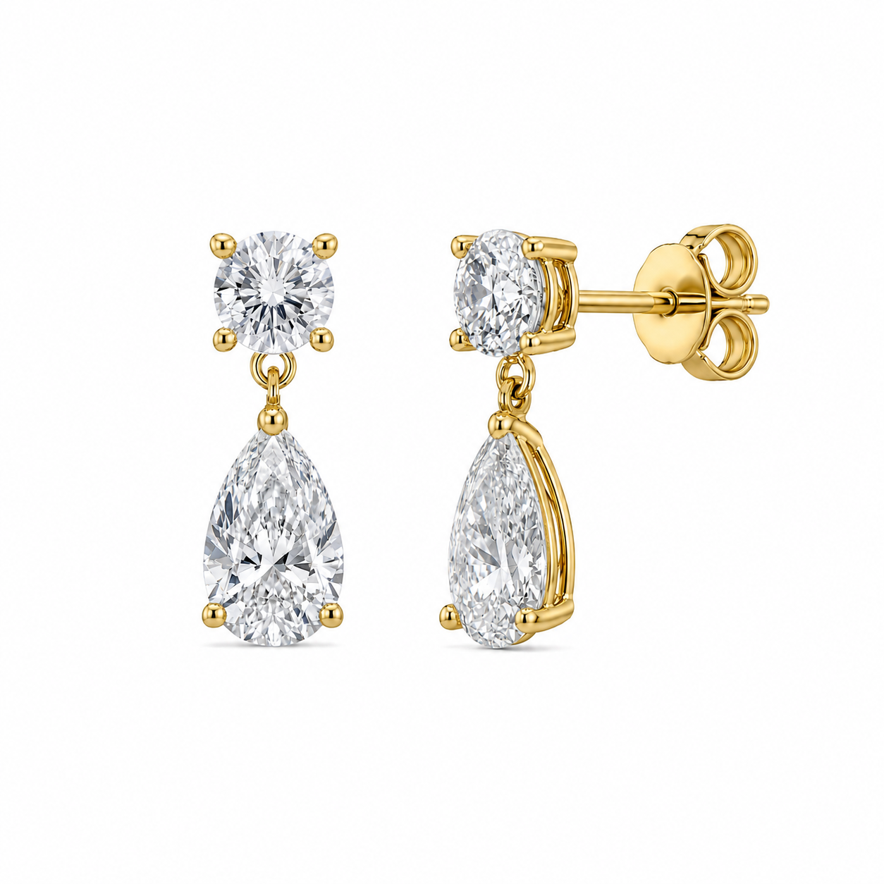 14K gold lab grown diamond drop earrings featuring round brilliant stud diamonds and pear-shaped dangling diamonds in a classic four-prong setting.