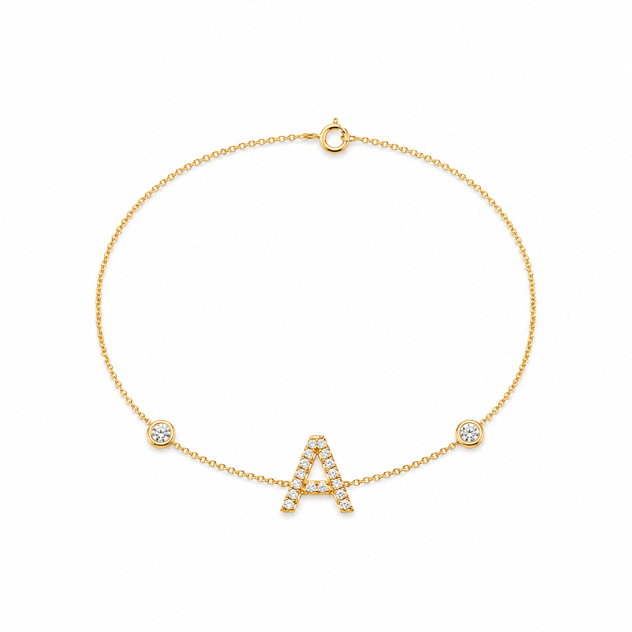 Personalized Diamond Initial Bracelet with Double Bezel Diamonds in 14K Gold