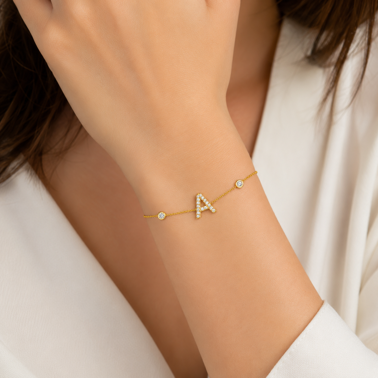 Personalized Diamond Initial Bracelet with Double Bezel Diamonds in 14K Gold