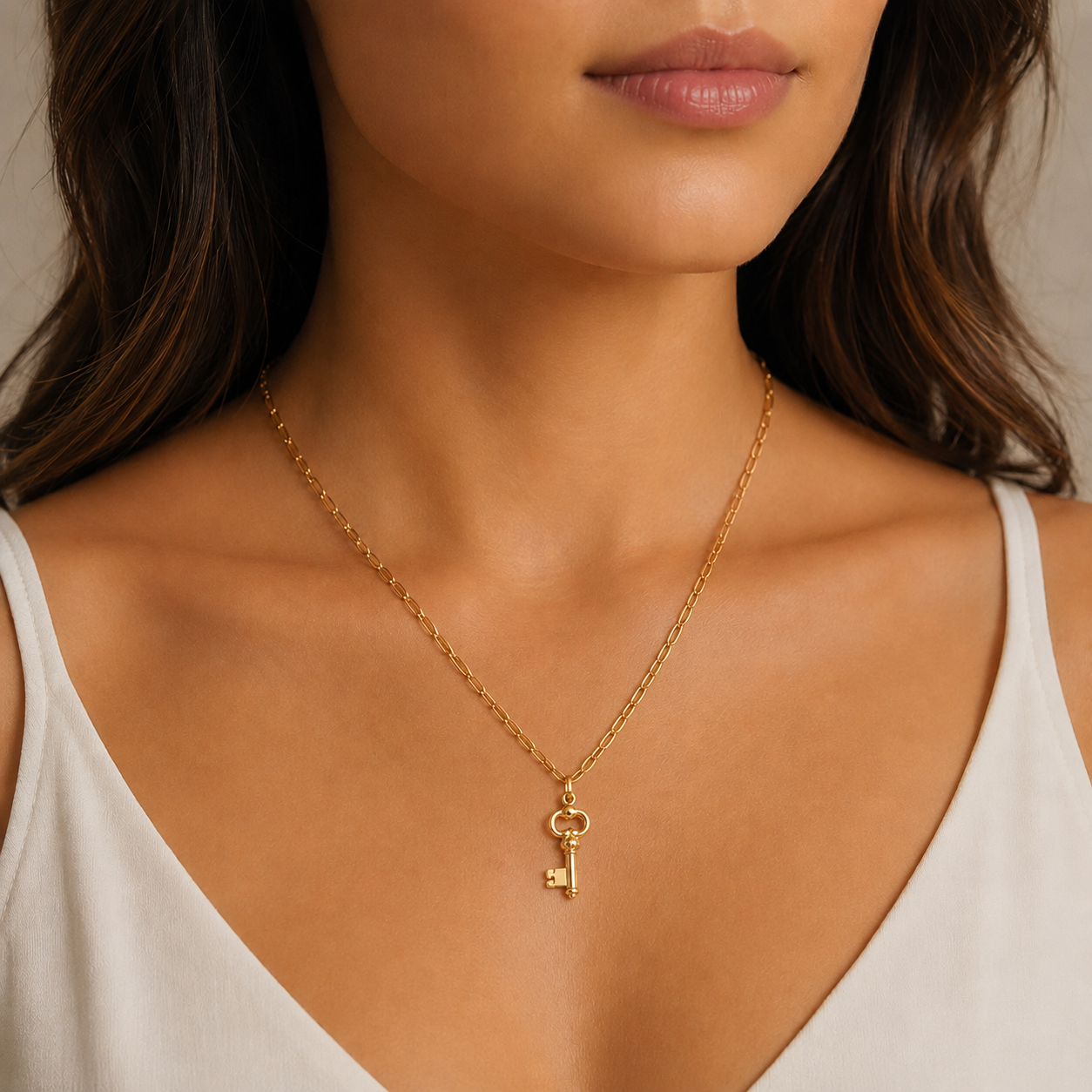 14K Yellow Gold Key Pendant Necklace with Paperclip Chain