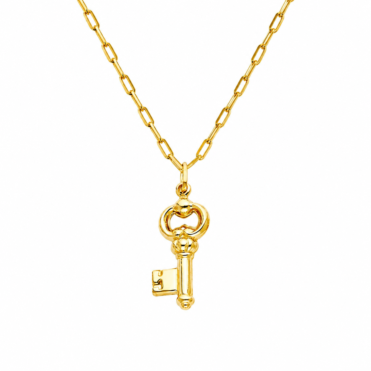 14K Yellow Gold Key Pendant Necklace with Paperclip Chain