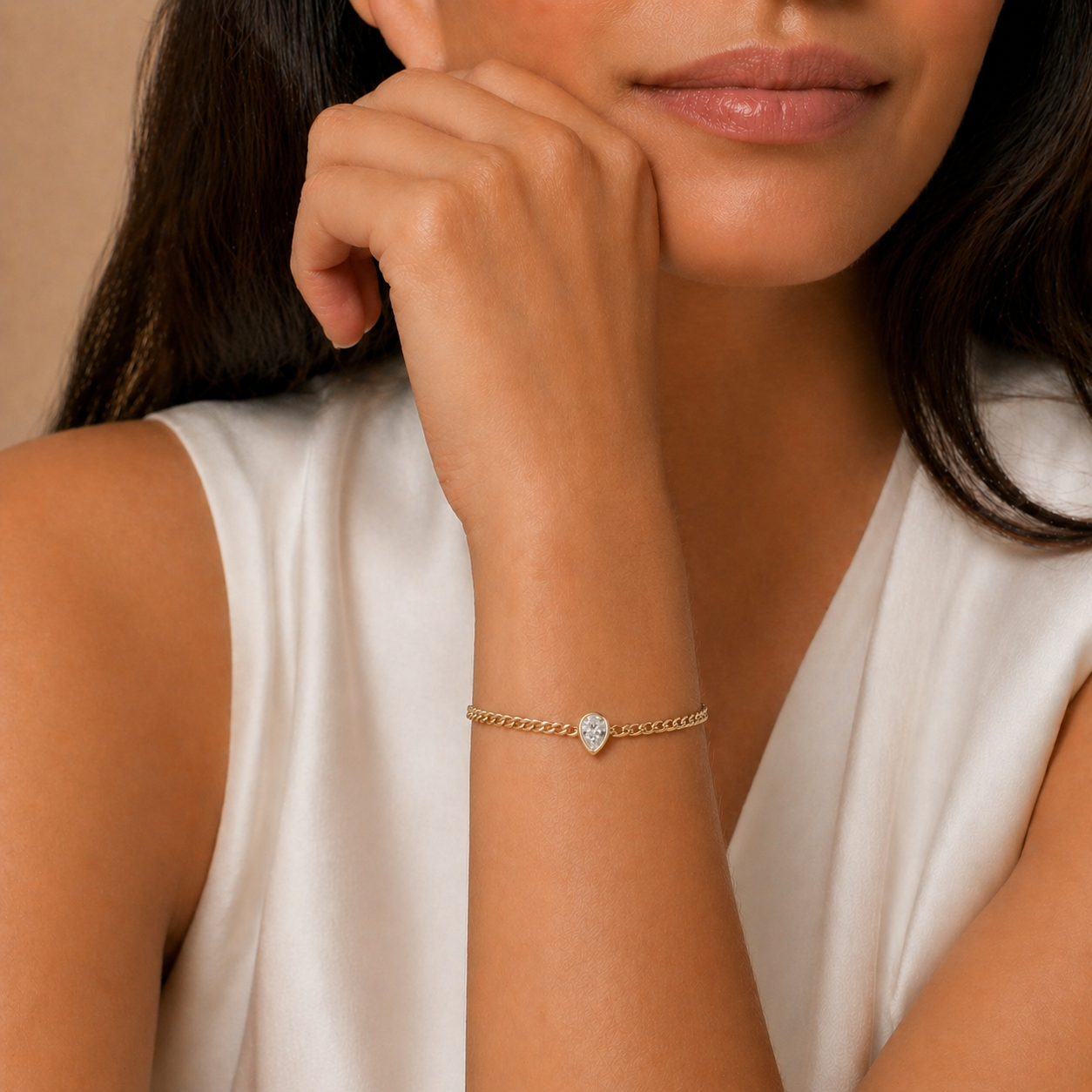 Pear Shape Natural Diamond Bracelet in 14K Gold - Bezel Set Cuban Chain