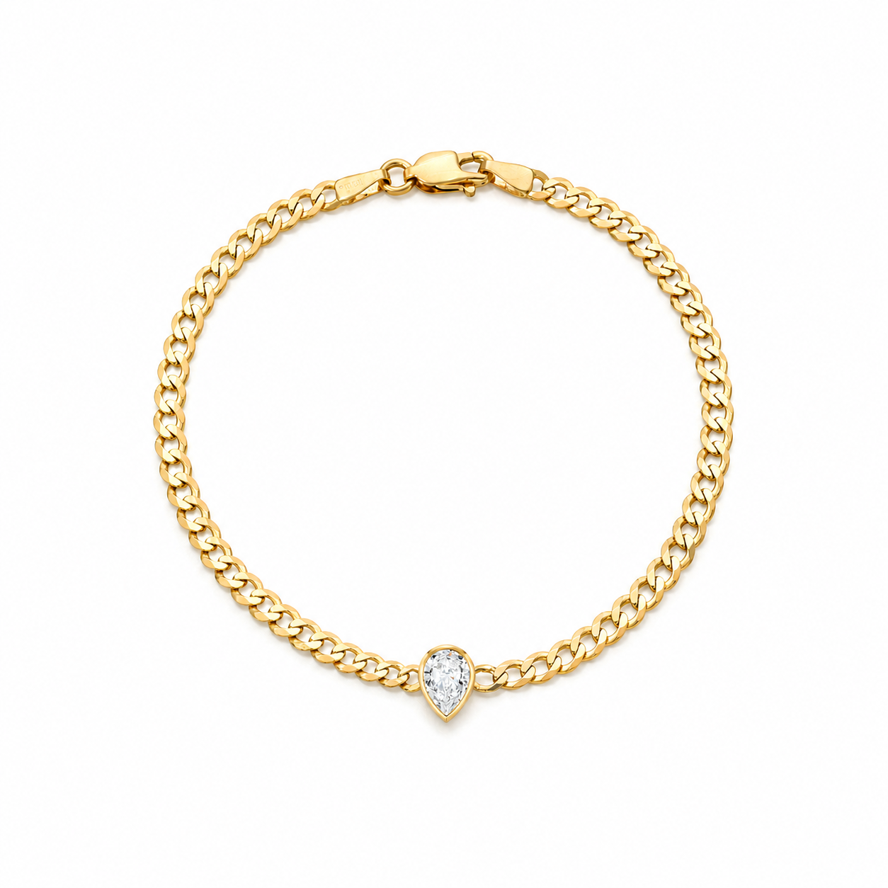 Pear Shape Natural Diamond Bracelet in 14K Gold - Bezel Set Cuban Chain