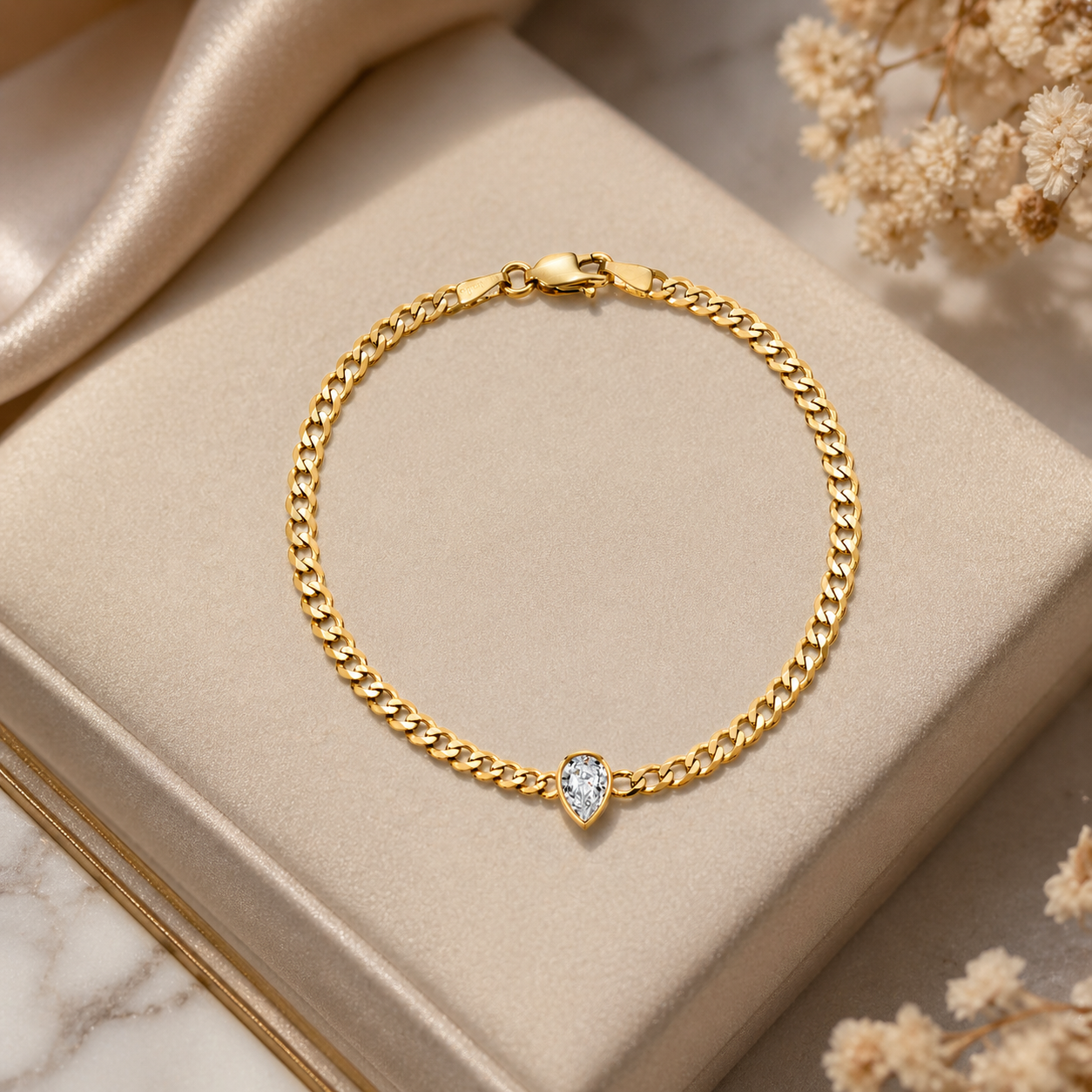 Pear Shape Natural Diamond Bracelet in 14K Gold - Bezel Set Cuban Chain