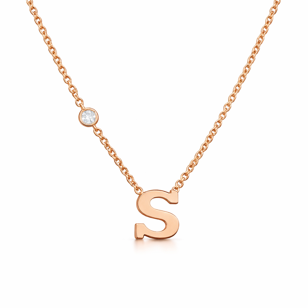 14k Gold Personalized Letter and Bezel Diamond Necklace