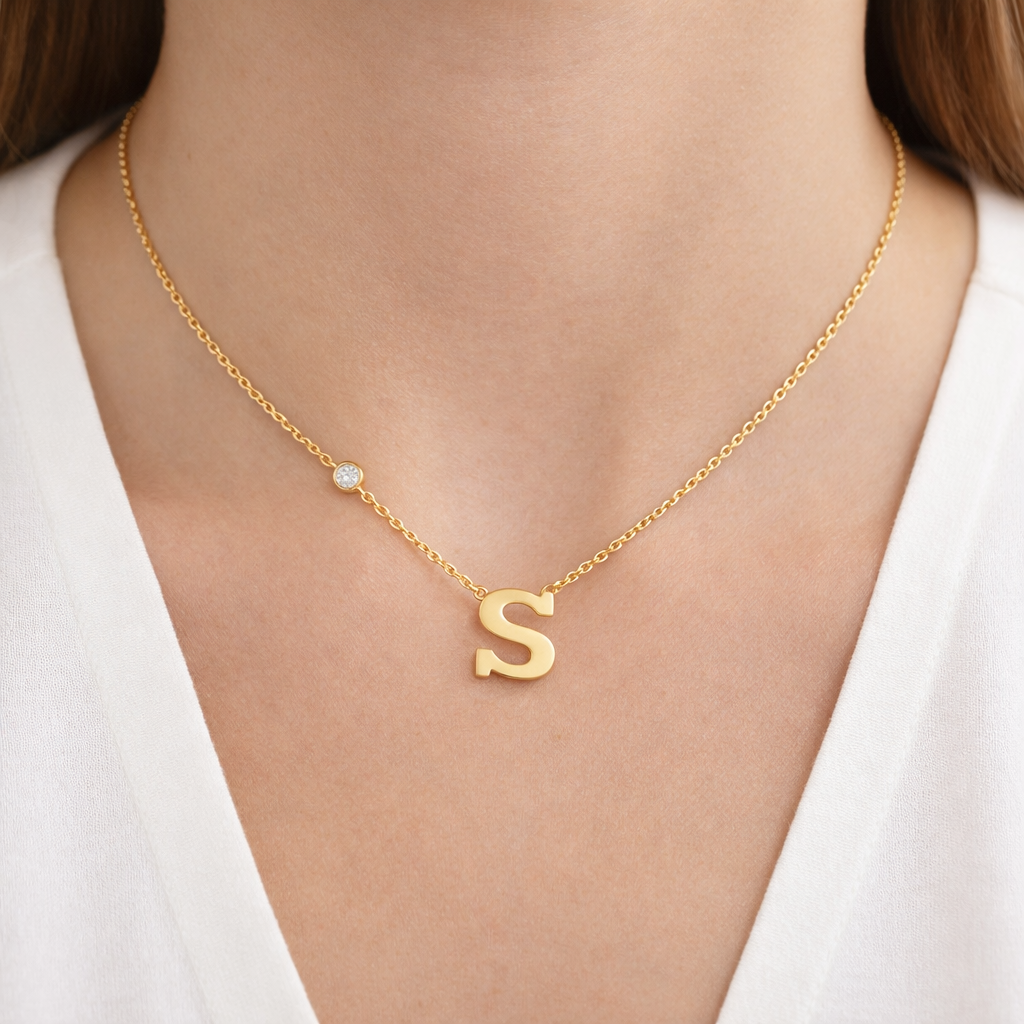 14k Gold Personalized Letter and Bezel Diamond Necklace