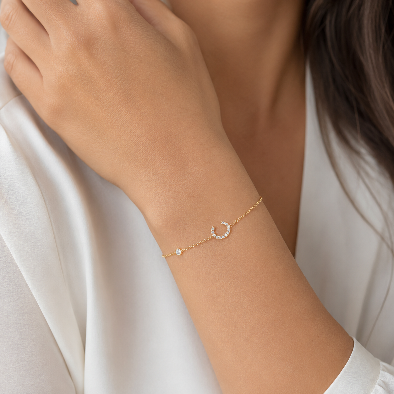 14K Gold Diamond Initial Bracelet with Natural Diamond Bezel – Personalized Solid Gold Letter Bracelet for Women