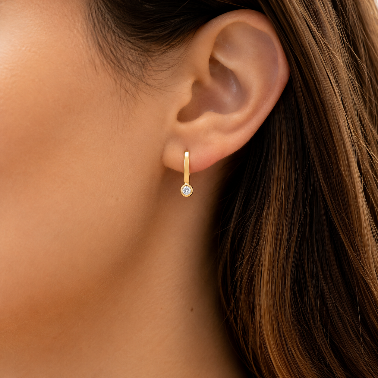 14K Solid Yellow Gold Diamond Bezel Bar Huggie Hoop Earrings | Minimalist Everyday Earrings