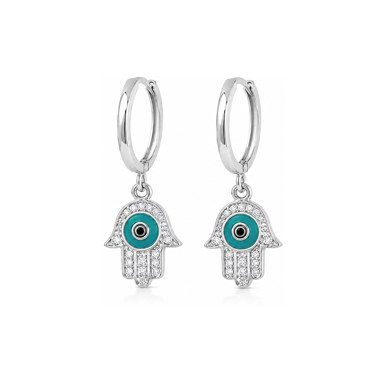 14K Gold Diamond Hamsa Evil Eye Hoop Earrings | Turquoise Huggie Dangle Earrings