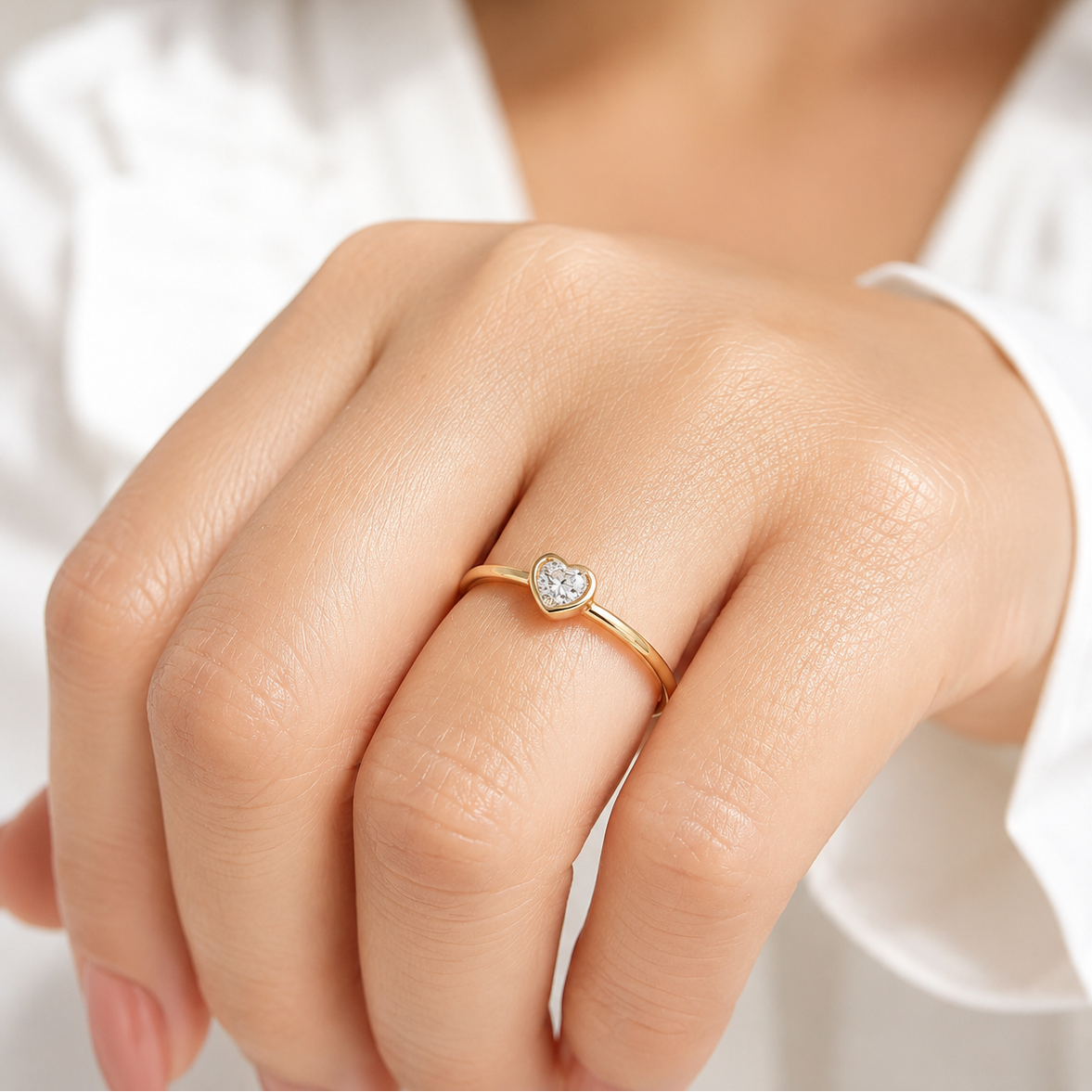 14K Solid Gold Heart Bezel Natural Diamond Ring