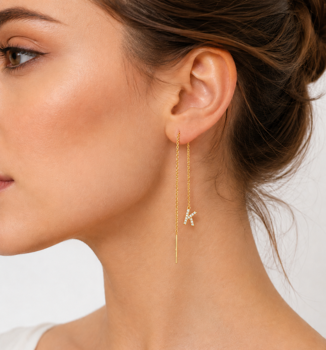 Diamond Initial Threader Earring 14K Gold