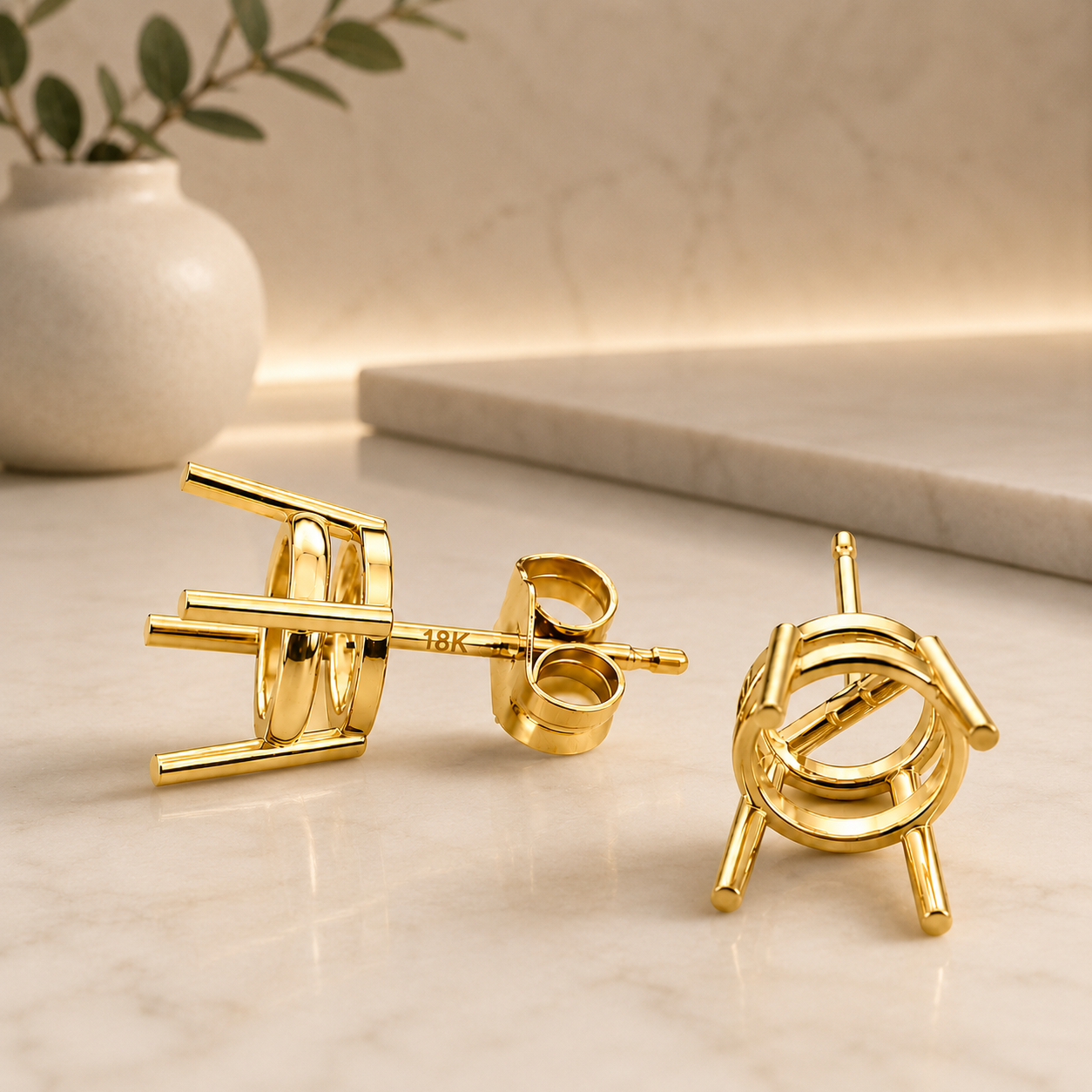Classic 18K Yellow Gold 4-Prong Round Basket Stud Earring Settings