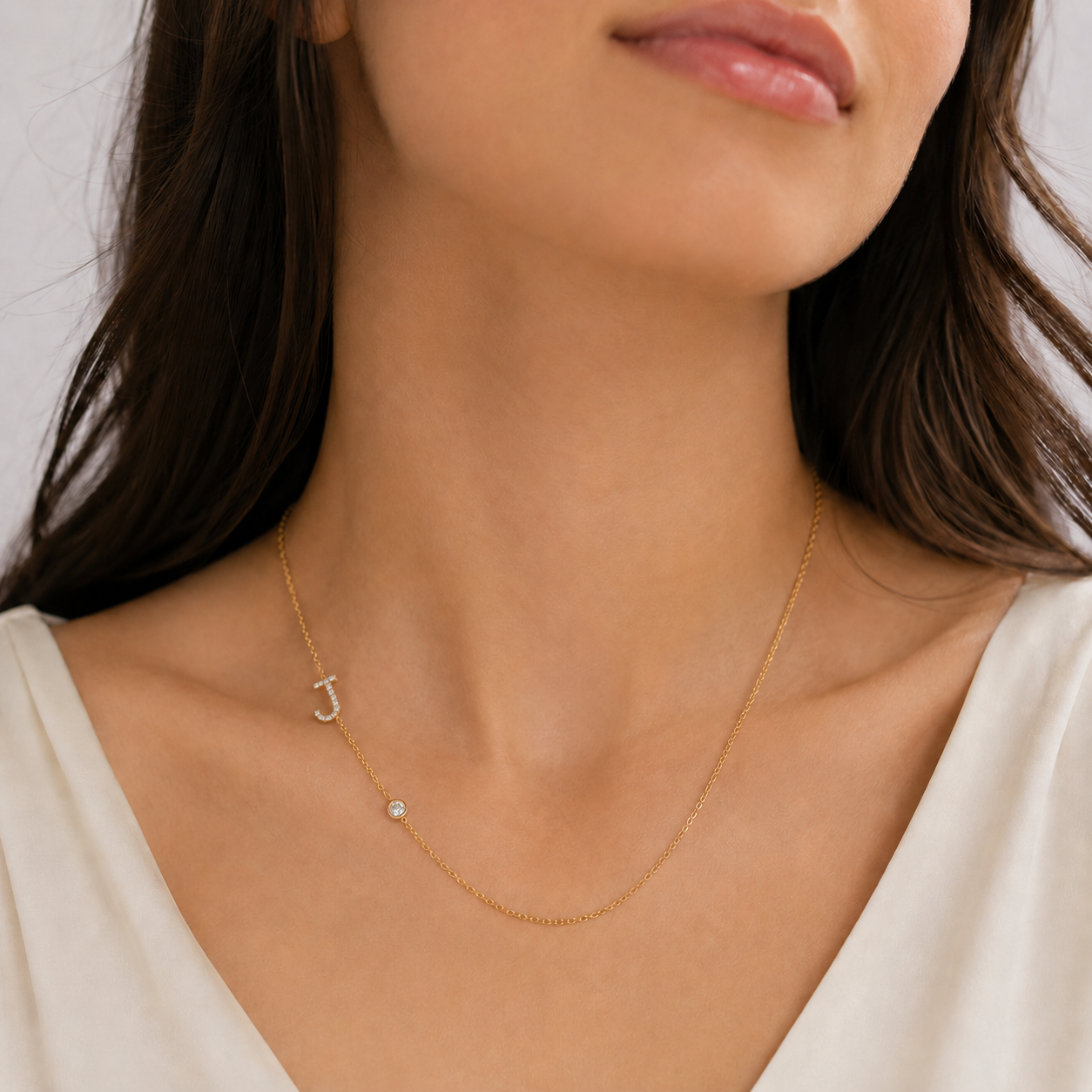 14K Gold Diamond Initial Necklace with Bezel Diamond – Personalized Letter Necklace