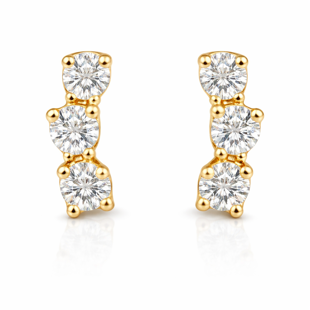 14K Gold 3-Stone Diamond Cluster Stud Earrings