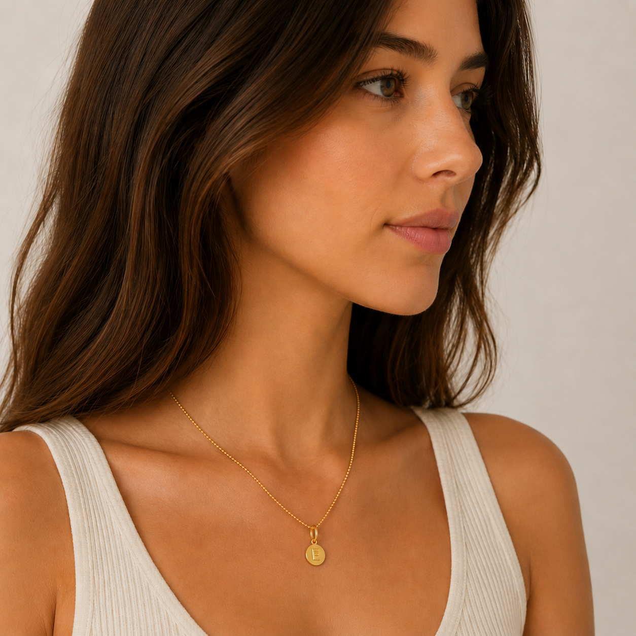 Round Disc Letter Pendant Necklace 14K Gold