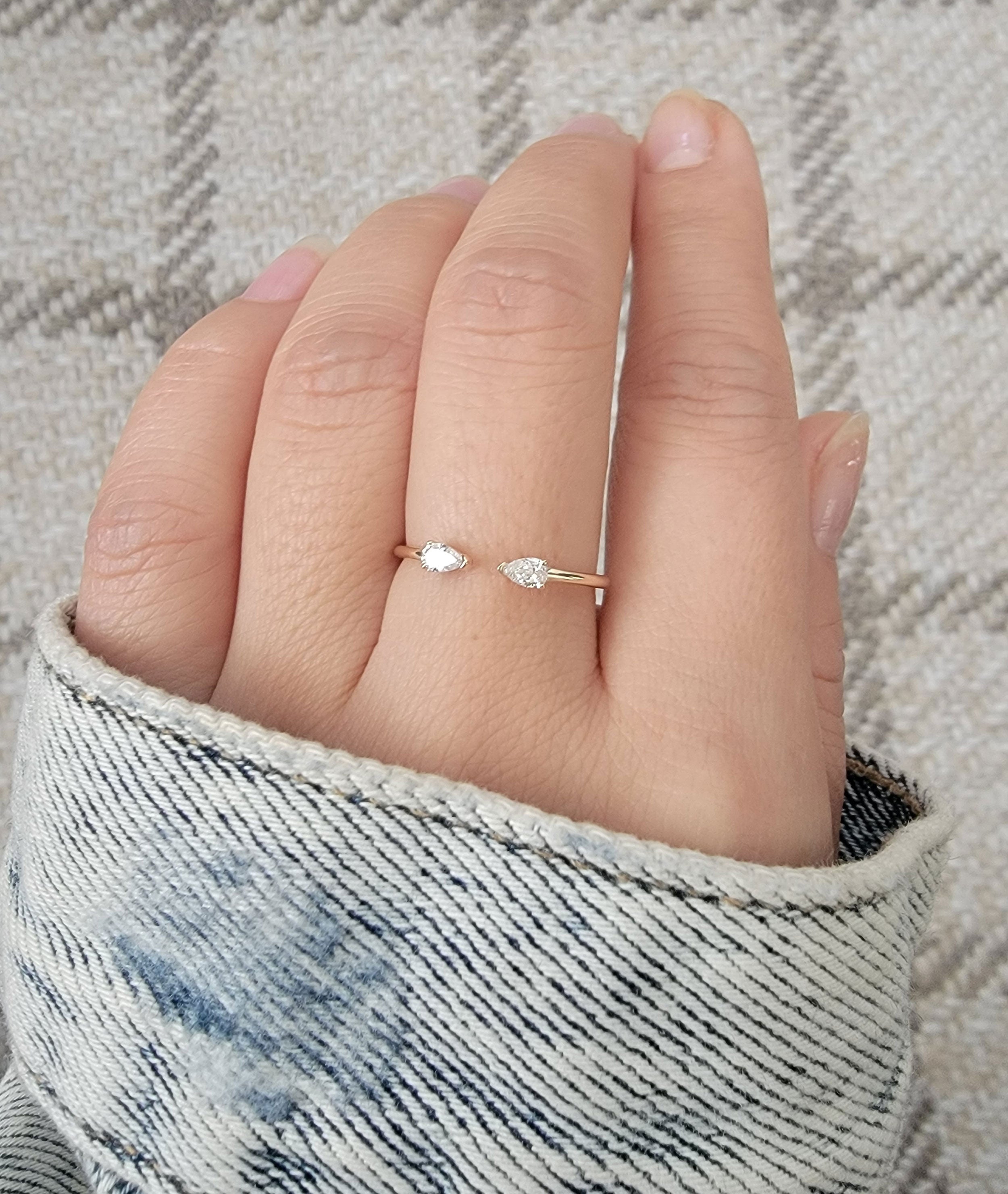 14K Gold Diamond Deconstructed Open Ring Pear Shaped – Modern Minimalist Stackable Ring