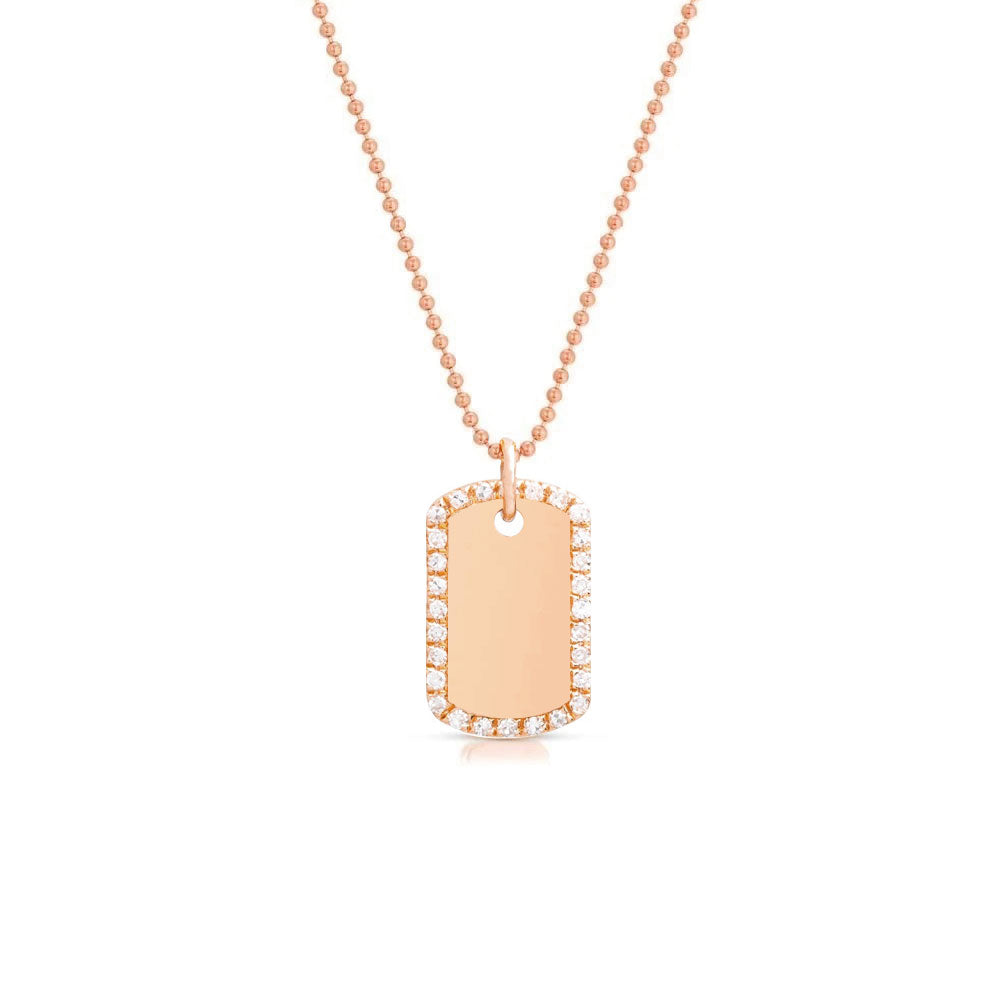 Natural Diamond Dog Tag Pendant Necklace in 14K Rose Gold