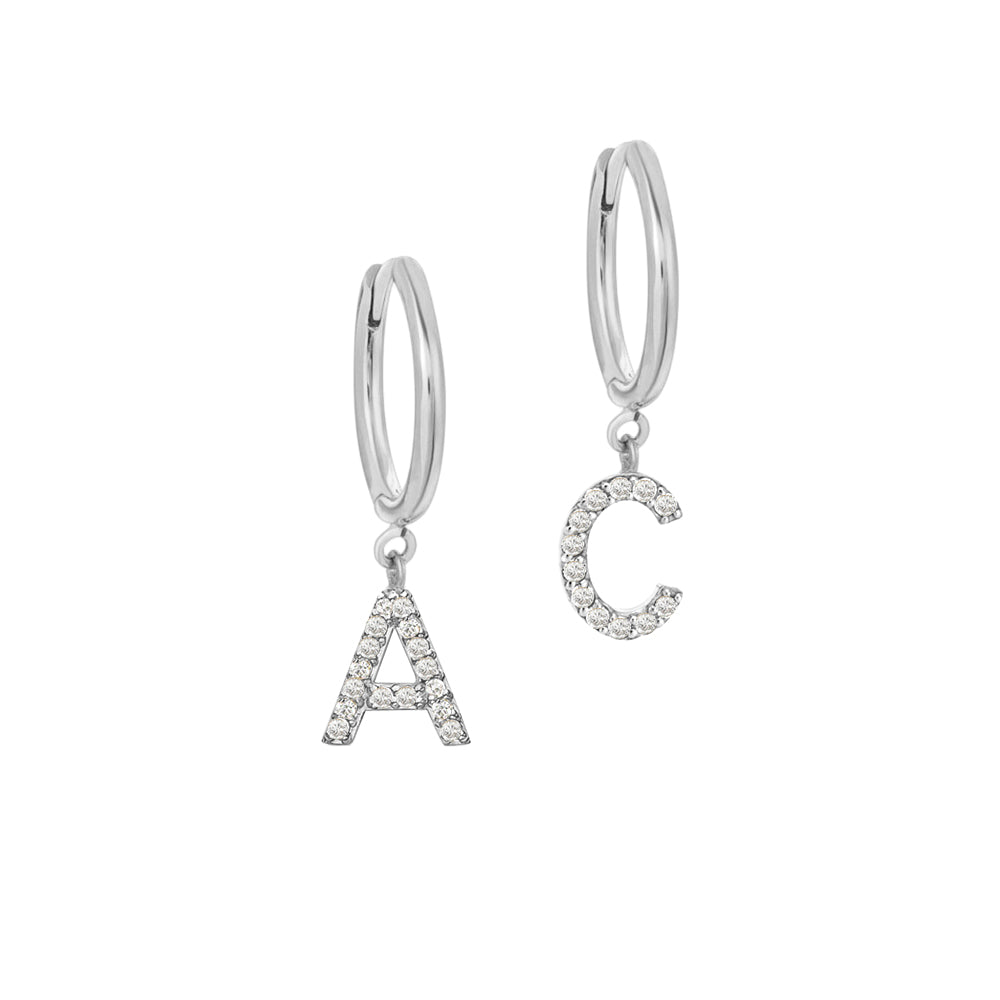 14K Gold Natural Diamond Initial Hoop Earrings - Personalized Letter Charm Huggie Earrings