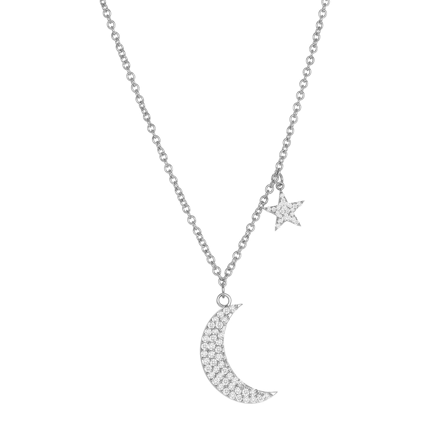 Diamond Moon and Star Dangle Necklace 14K Gold
