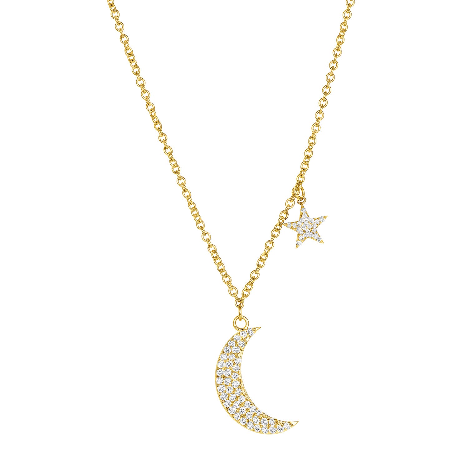 Diamond Moon and Star Dangle Necklace 14K Gold