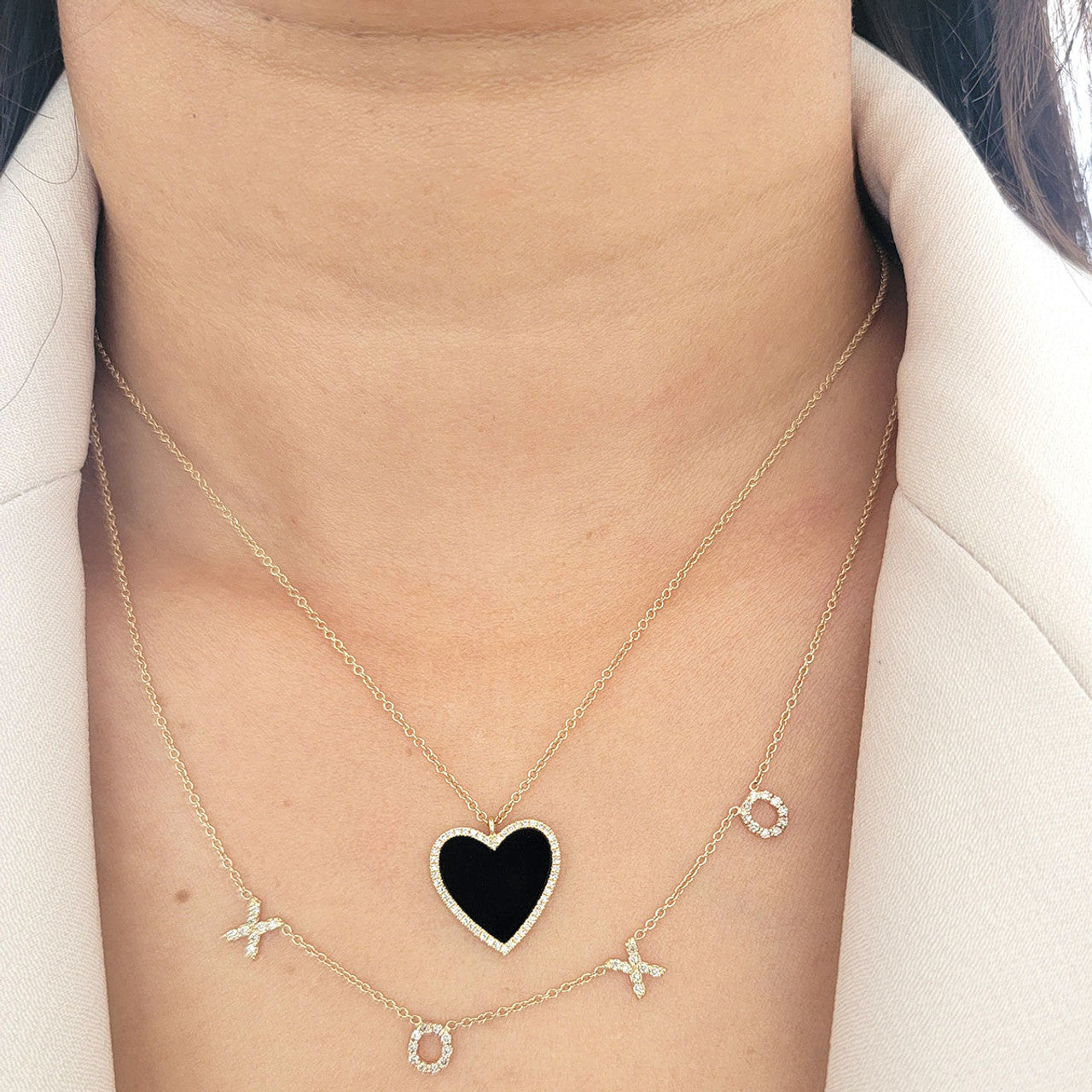 Diamond Onyx Heart Pendant Necklace 14K Gold