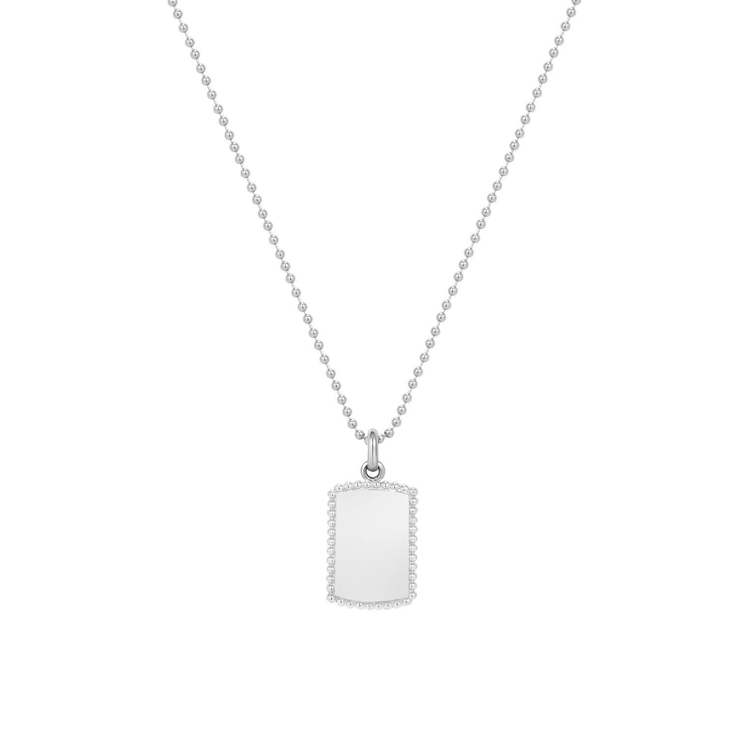 14K Solid Gold Beaded Border Dog Tag Necklace with Engravable Polished Pendant on Bead Chain