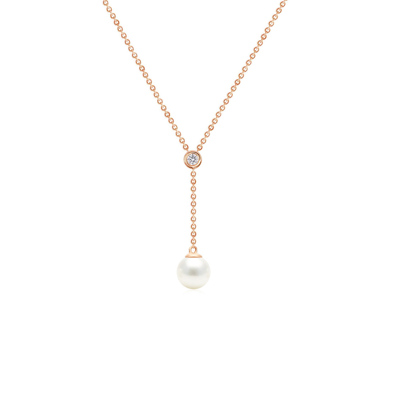 Freshwater Pearl Drop with Diamond Bezel Necklace 14K Rose Gold