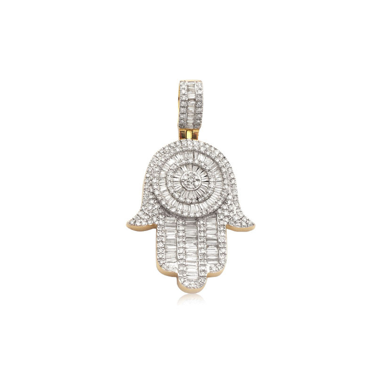 Round and Baguette Diamond Hamsa Pendant 14K Gold For Men