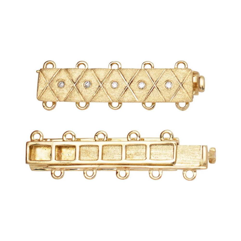 Diamond Rectangle Bar Clasp Criss Cross Pattern 14K Gold