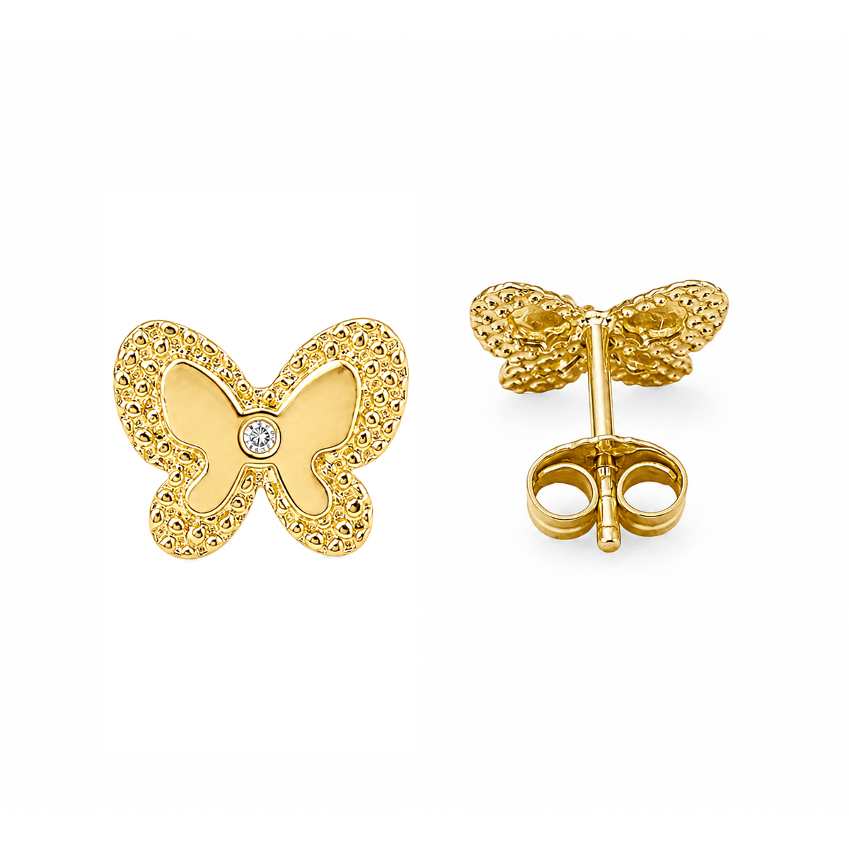 14K Yellow Gold Butterfly CZ Stud Earrings