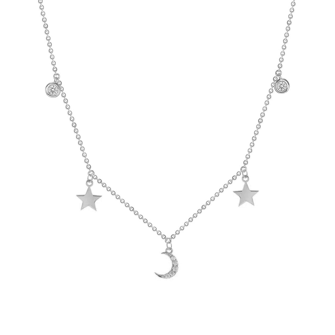 Bezel Diamond with Moon and Star Necklace 14K White Gold