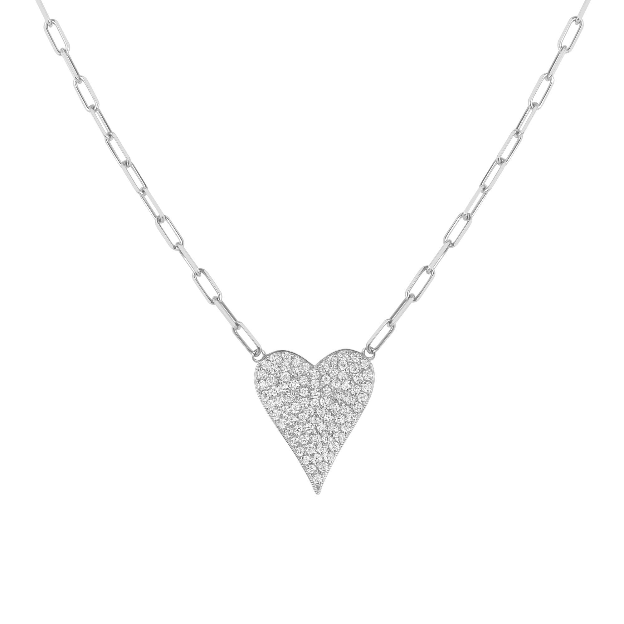 Large Diamond Heart Paperclip Necklace 14K Gold