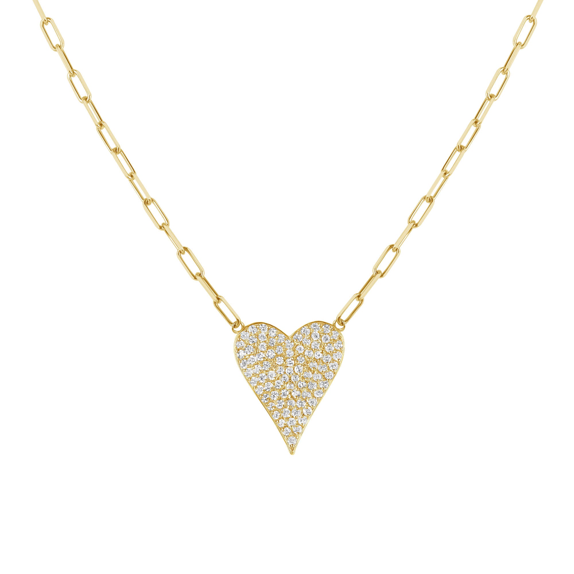 Large Diamond Heart Paperclip Necklace 14K Gold