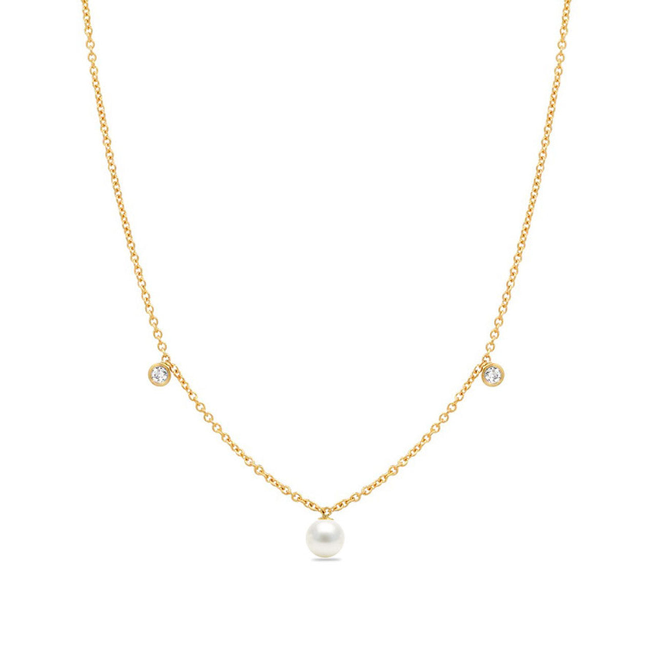 Drop Diamond Pearl Pendant Necklace 14K Gold