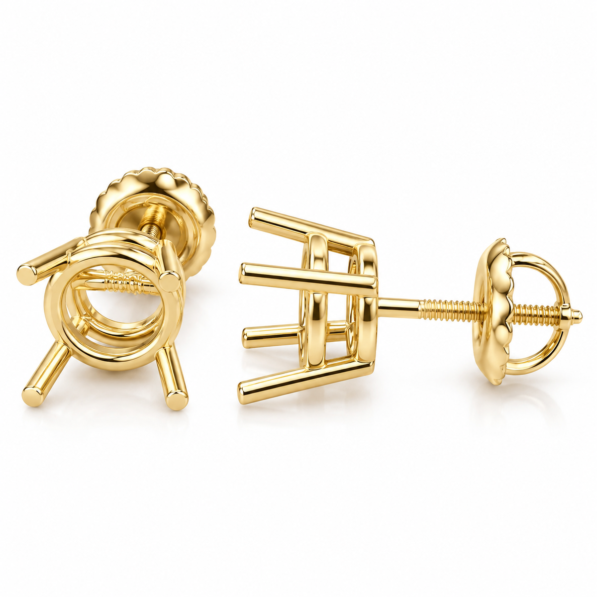 Gold-colored metal stud earrings shown from multiple angles on a clean white background, displaying the front prong design and the back screw-back post.