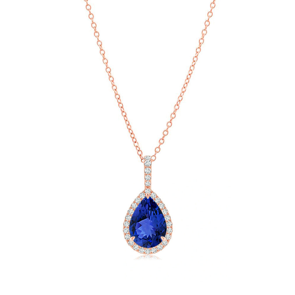 Tanzanite Teardrop with Diamond Halo Pendant Necklace 14K Gold