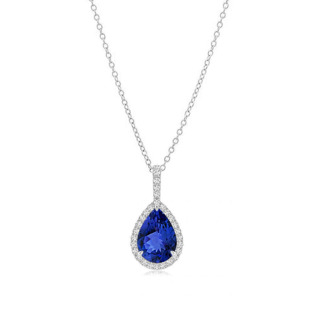 Tanzanite Teardrop with Diamond Halo Pendant Necklace 14K Gold