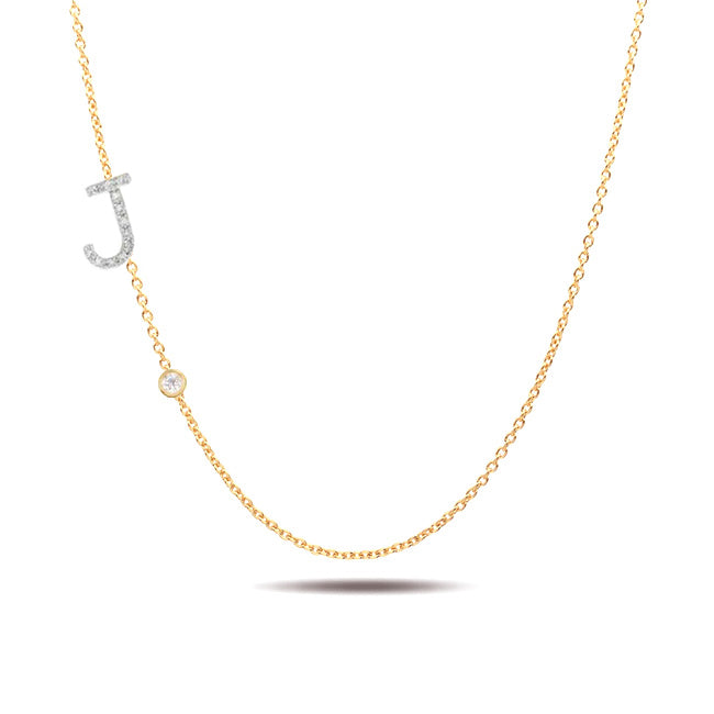 14K Gold Diamond Initial Necklace with Bezel Diamond – Personalized Letter Necklace
